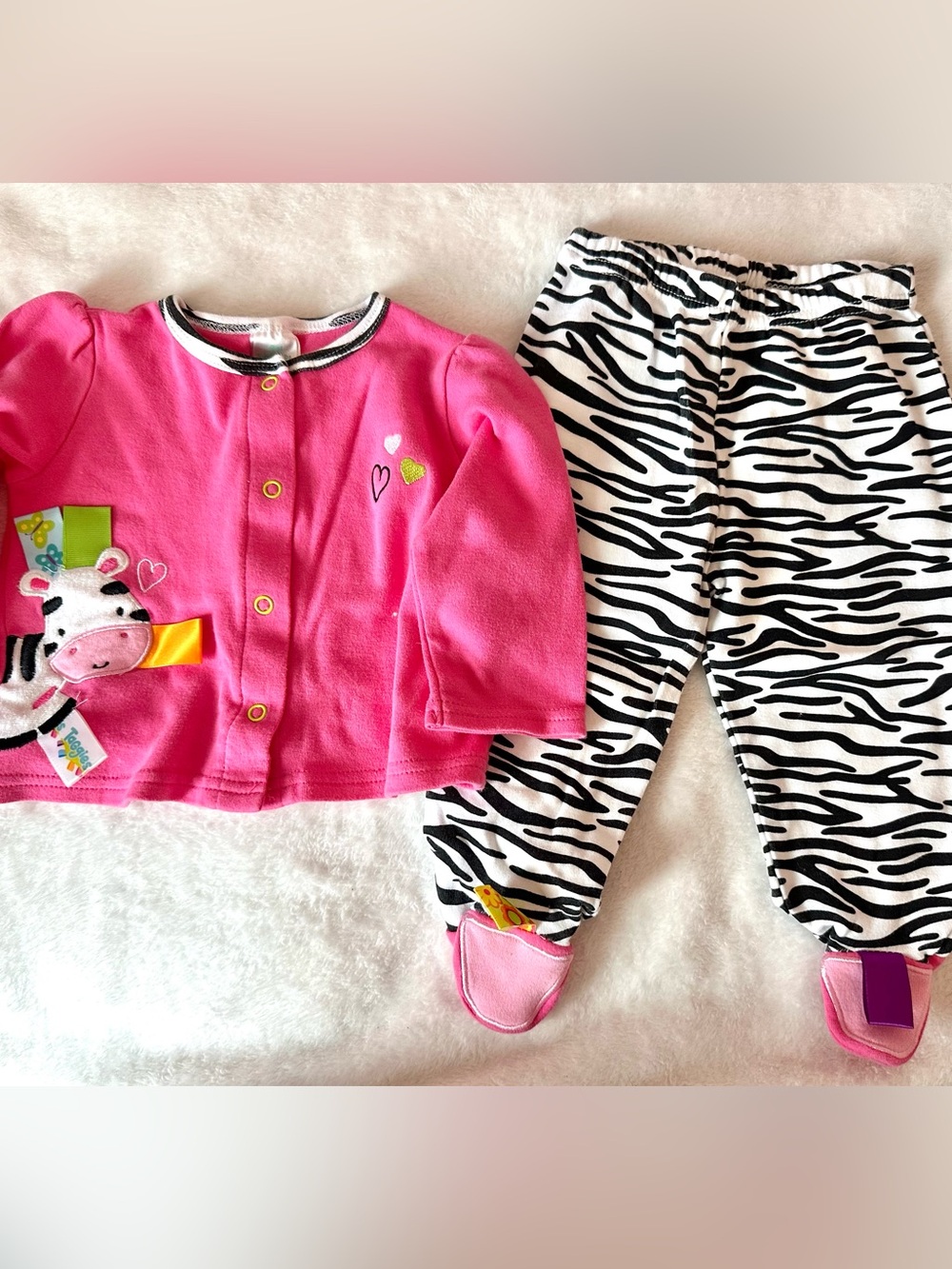 Taggies Baby Girl Pink Cardigan & Zebra Print Footed Pants Set 9M Sensory Tags